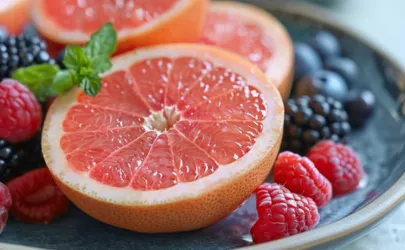 Grapefruit und Beerenfrüchte auf einem Teller
