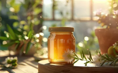 ein Glas Manuka-Honig steht auf einem Holztisch, Pflanzen im Hintergrund