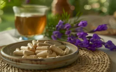 Baikal-Helmkraut in Form von Kapseln und Tee auf einem Tisch, daneben die Pflanze mit lilafarbenen Blüten
