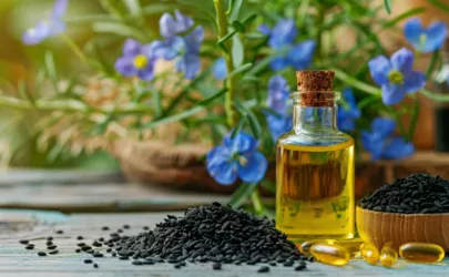 Schwarzkümmelöl in Form von Samen, Öl und kapseln auf einem Tisch