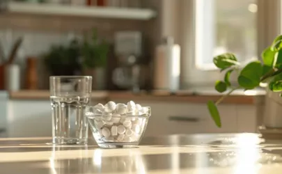 Alpha-Liponsäure in Form weißer Tabletten und ein Glas Wasser auf einem Tisch