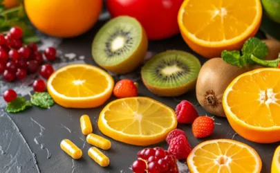 Vitamin C als Kapseln und in Obst