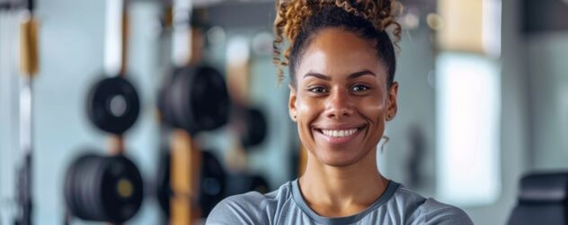 Frau steht in einem Fitnessstudio vor Trainingsgeräten