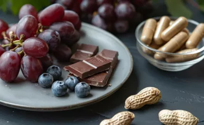 Resveratrolhaltige Lebensmittel auf einem Tisch: rote Trauben, Heidelbeeren, Erdnüsse und dunkle Schokolade neben Resveratrolkapseln