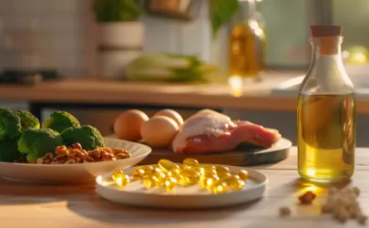 Coenzym Q10 Kapseln auf einem Tisch mit Brokkoli, Eiern, Fleisch und Pflanzenöl